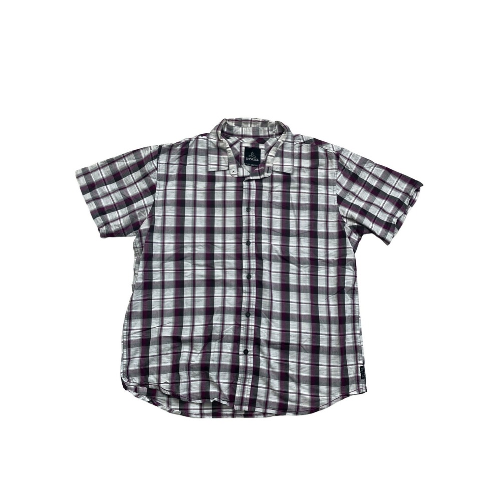 Prana Mens XL Short Sleeve Button Down Plaid Shirt Purple Grey White Casual Top